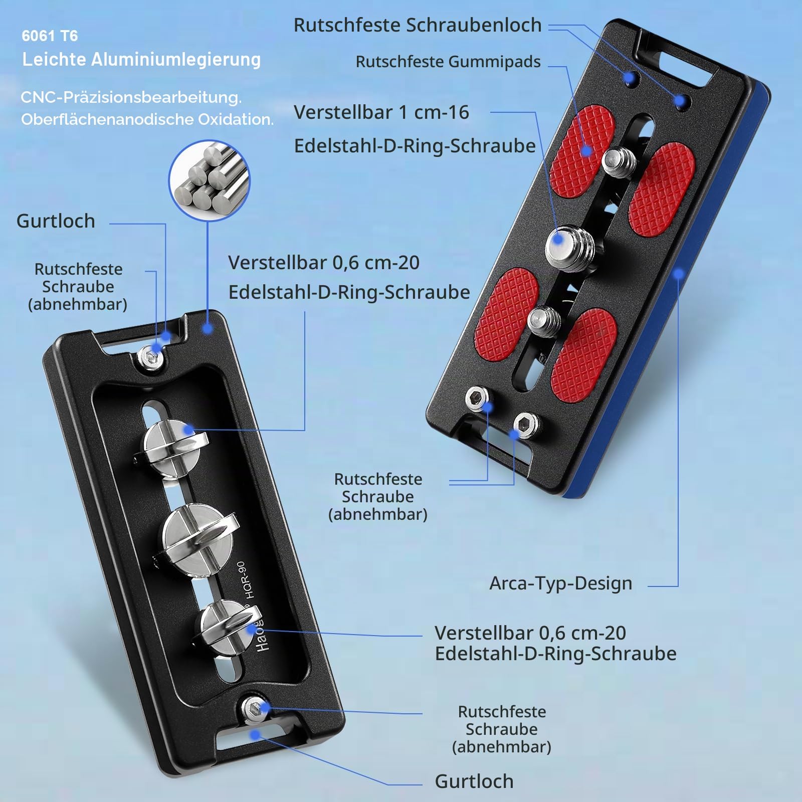 Haoge HQR-90 Arca-Platten für Stativ-Kugelkopf, 90 mm, universelle Arca-Swiss-Schnellwechselplatte für Stativ-Kugelkopf mit handverstellbarer Edelstahlschraube von 1/4 Zoll und 3/8 Zoll integriertem