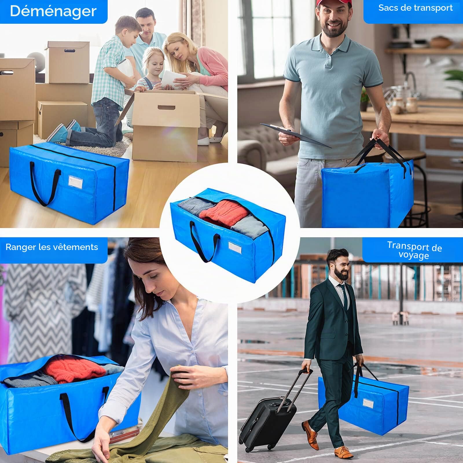 AlexHome Lot de 5 sacs de déménagement très résistants en plastique réutilisables, compatibles avec chariot Ikea Frakta (bleu)