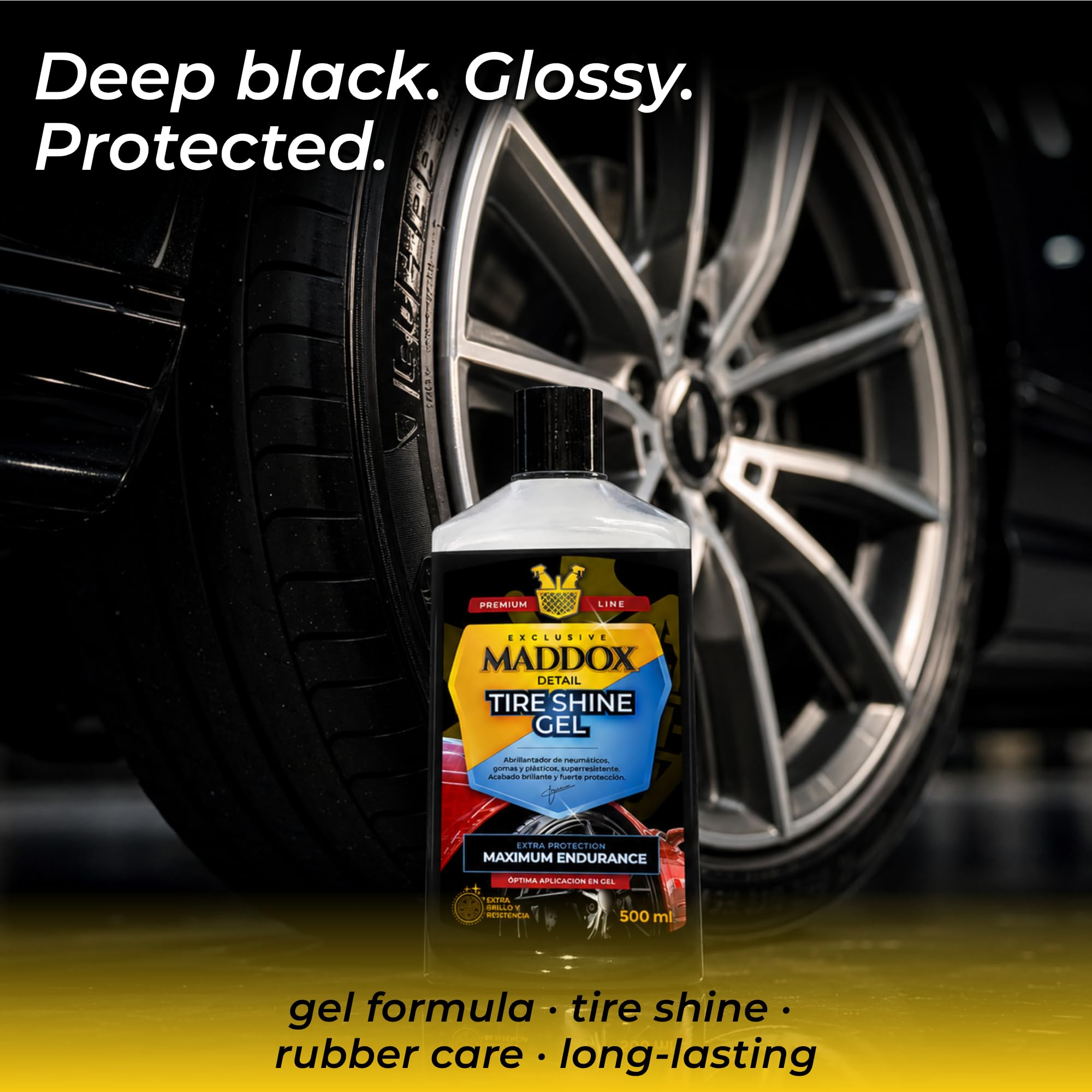 Maddox Detail - Tire Shine Gel 500ml | Idratante per Plastiche Auto | Lucidante per Pneumatici | Idratante per Gomme Auto con Funzione Protettiva e Rinnovatrice | Contro Inquinamento e Raggi Solari