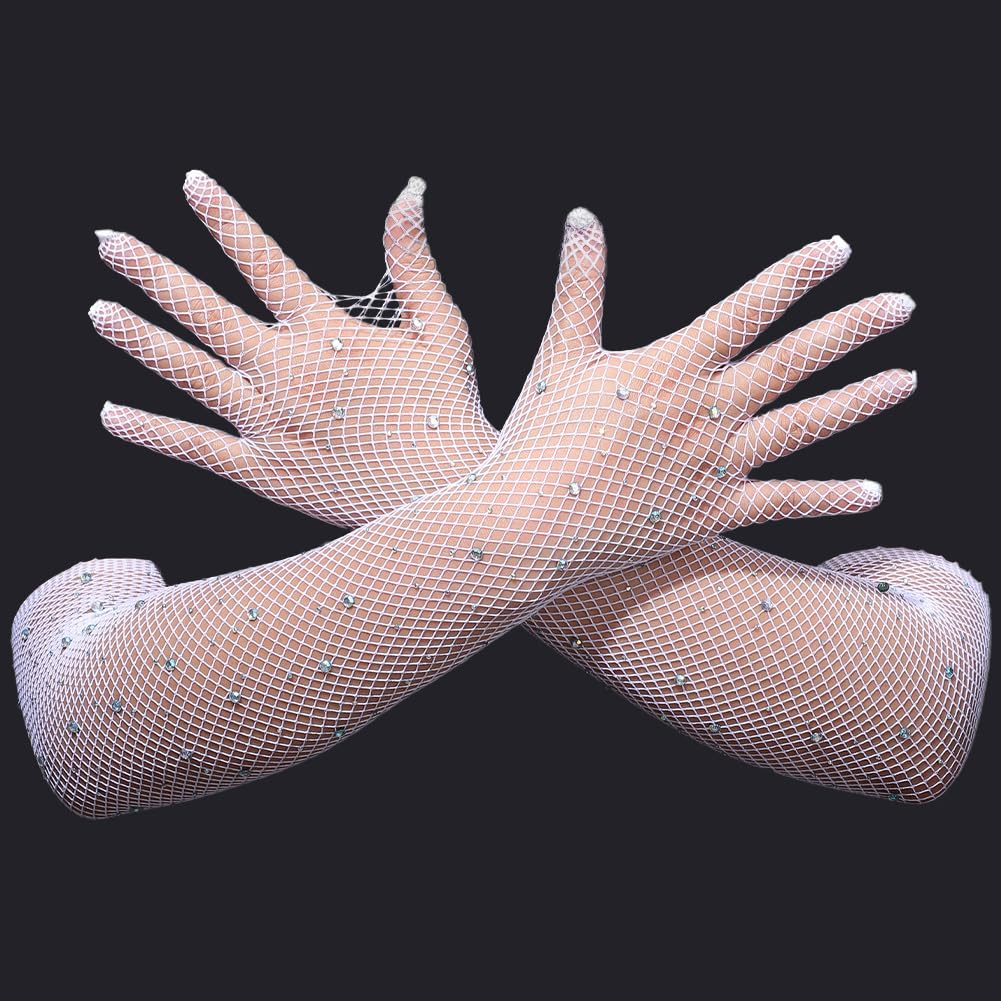 GORGECRAFT 2 Pair Long Rhinestone Fishnet Gloves White Women Goth Punk Fish Net Arm Sleeves Elbow Length Mesh Sparkly Glitter Fashion Opera Gloves for 80s Costume Cosplay Halloween Wedding Party - Image 3