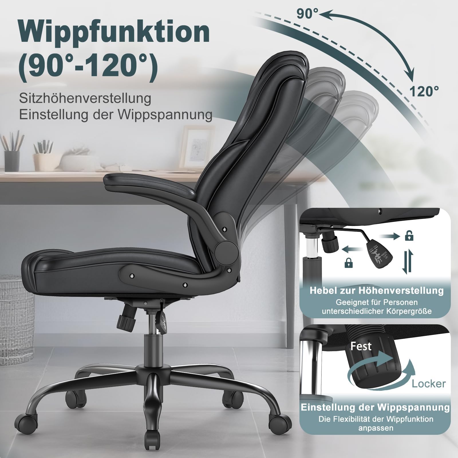 AnyGod Sedia Ergonomica da Ufficio, Poltrona Direttore Regolabile in Altezza in Pelle Sintetica, Sedia da Scrivania con Braccioli Ribaltabili,Portata 136 kg, per Lavoro da Casa e Gaming, Nera