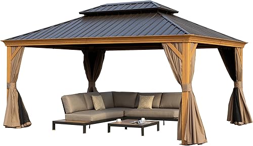 Miniatura 7 de Kozyard Apollo Wood Like - Gazebo de aluminio de 12 x 16 pies con techo de acero galvanizado y mosquitero (12 x 16 pies)