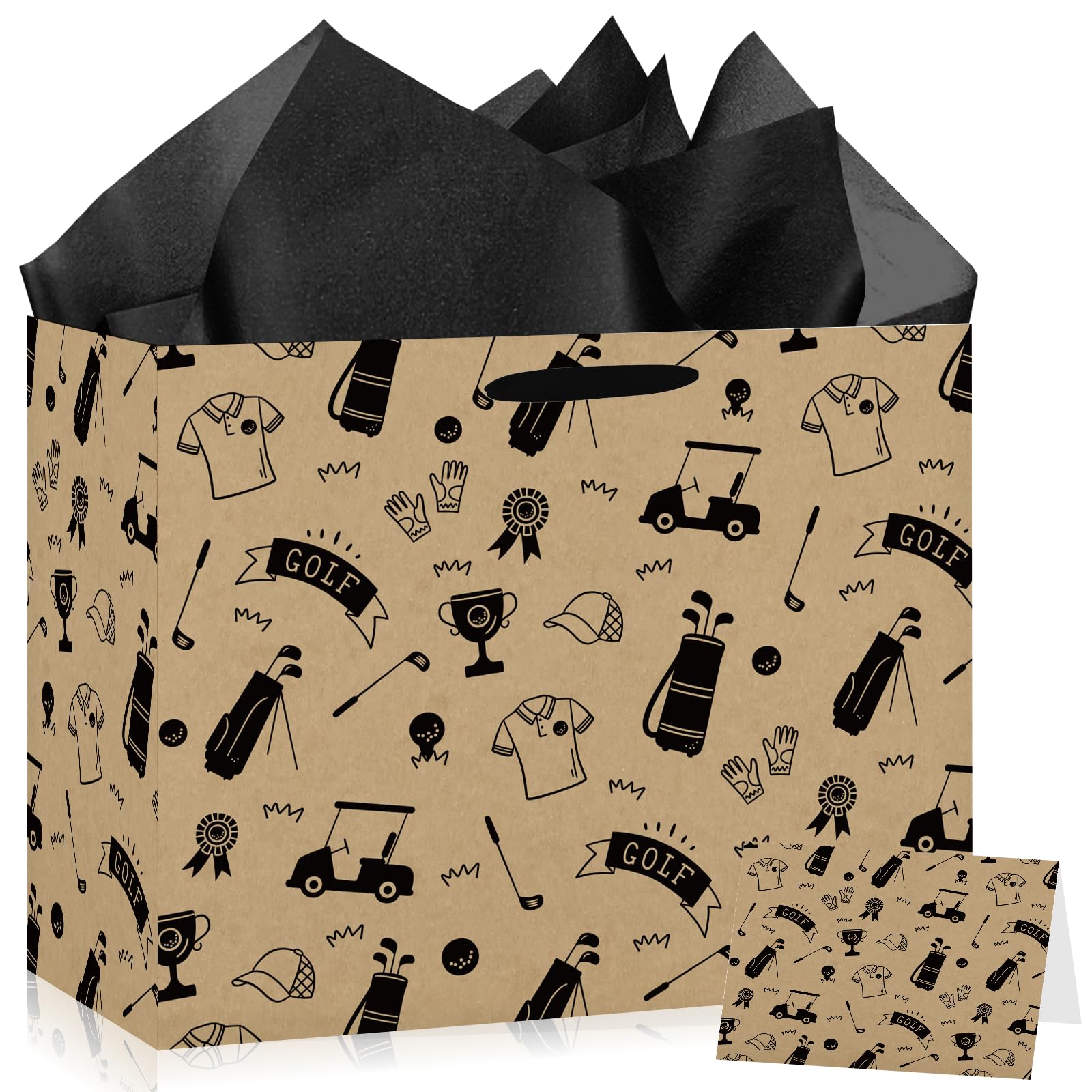 Vintage Black Golf Gift Bag 11.8'' Golf Birthday Gift Wrapping Bag with Tissue Paper and Card Decorations for Kids Men Sports Party Favors Presents Goodie Treat Wrap Bags Golf Baby Shower Supplies