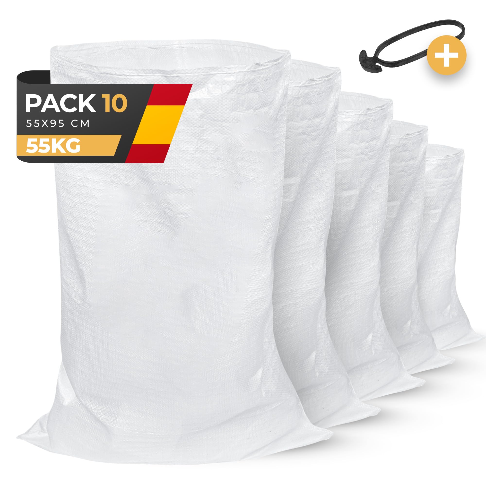 Pack 10 Sacos para Escombros | 55 x 95cm - Muy Resistentes (55kg) & Reutilizables | Saco de Escombros perfectos para Arena, Tierra, Jardin, Construcción y Hojas