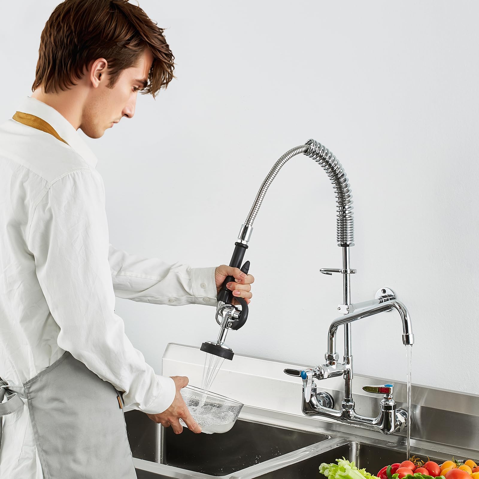 VEVOR Robinet de Cuisine Commercial avec Pulvérisateur de Pré-rinçage, Mitigeur avec Douchette Extractible, 630 mm de Haut, Entraxe 203 mm, Bec Pivotant 305 mm, Mural pour Évier 1/2/3 Compartiments