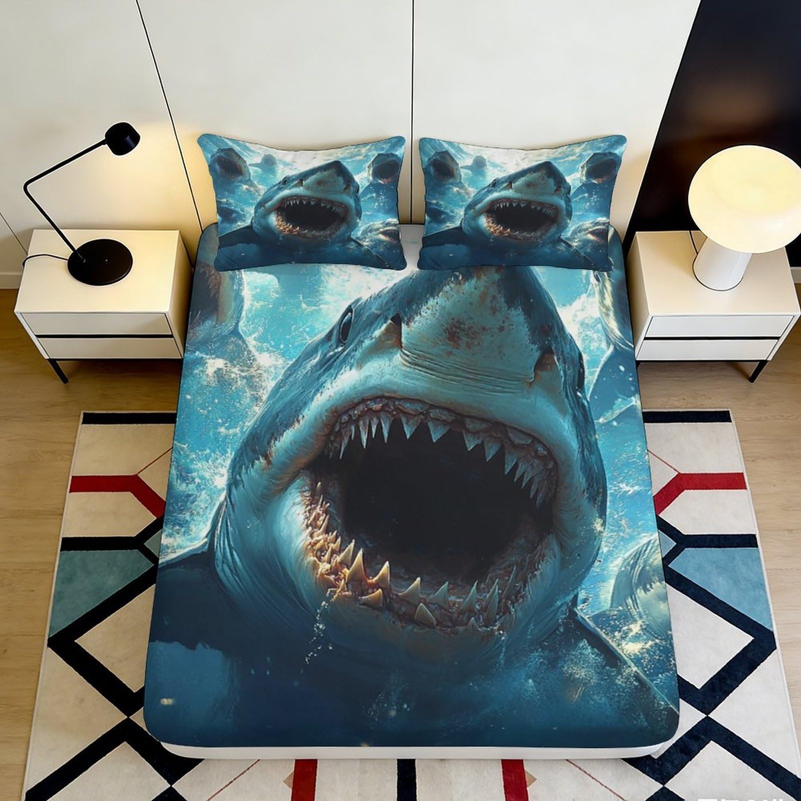 3D Printed Shark Pattern Fitted Sheet Microfiber Durable Soft Blue Ocean Design Bed Cover with Mattress Cover for Bedroom Dormitory Guest Room 160x200x25cm
