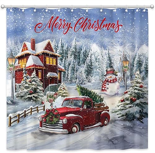 Cortina de ducha con texto en inglés "Merry Christmas", juego de cortina de baño con diseño de camión rojo vintage, muñeco de nieve, Navidad, pueblo