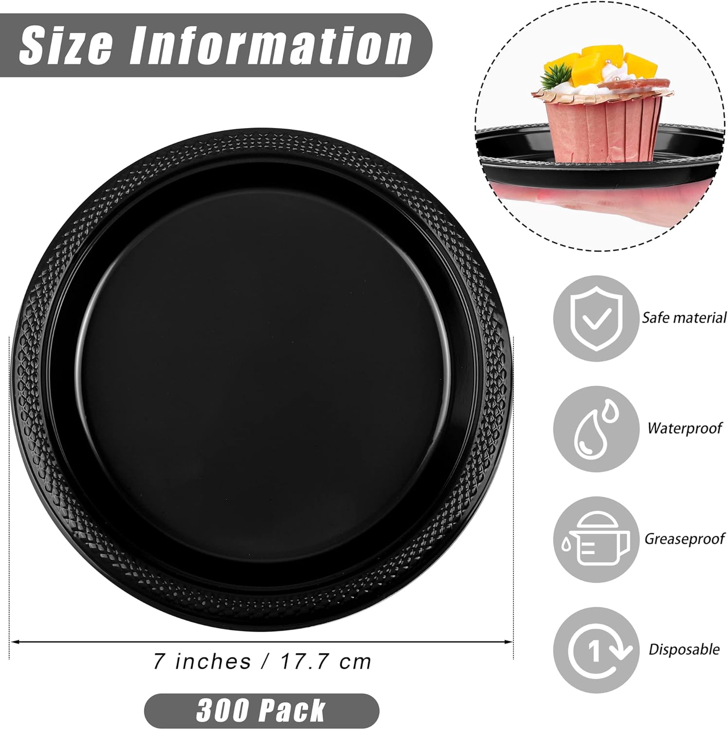 300 Pack Black Disposable Plastic Plates with Sticker 7 Inch Heavy Duty Round Plates Food Grade Solid Color Dinner Party Plate for Party Supplies, Dinner, Picnic