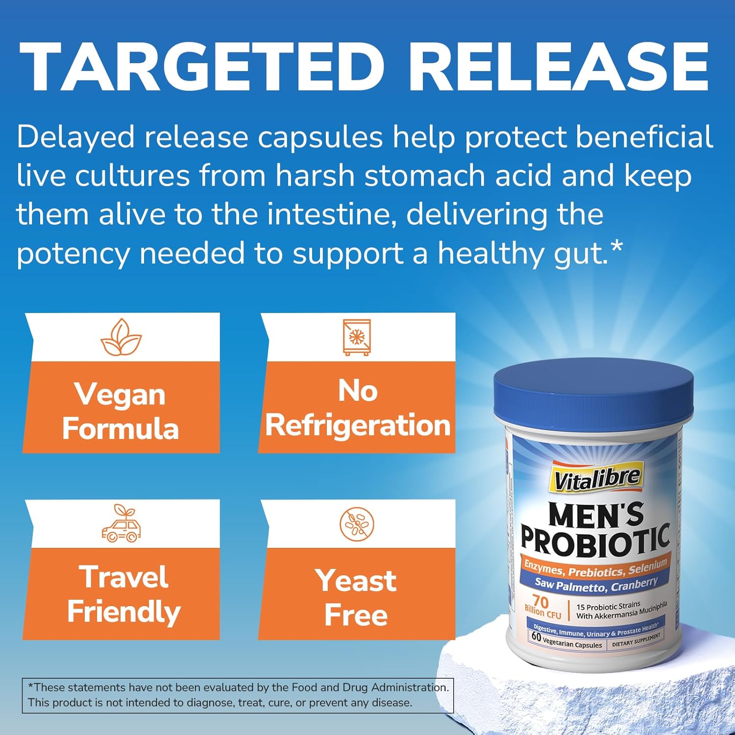 Probiotics for Men, 70 Billion CFU 15 Strains, Selenium, Enzymes, Saw Palmetto, Cranberry for Digestive, Gut, Immune, Prostate & Urinary Tract Health, Shelf Stable, 60 Capsules - Image 5