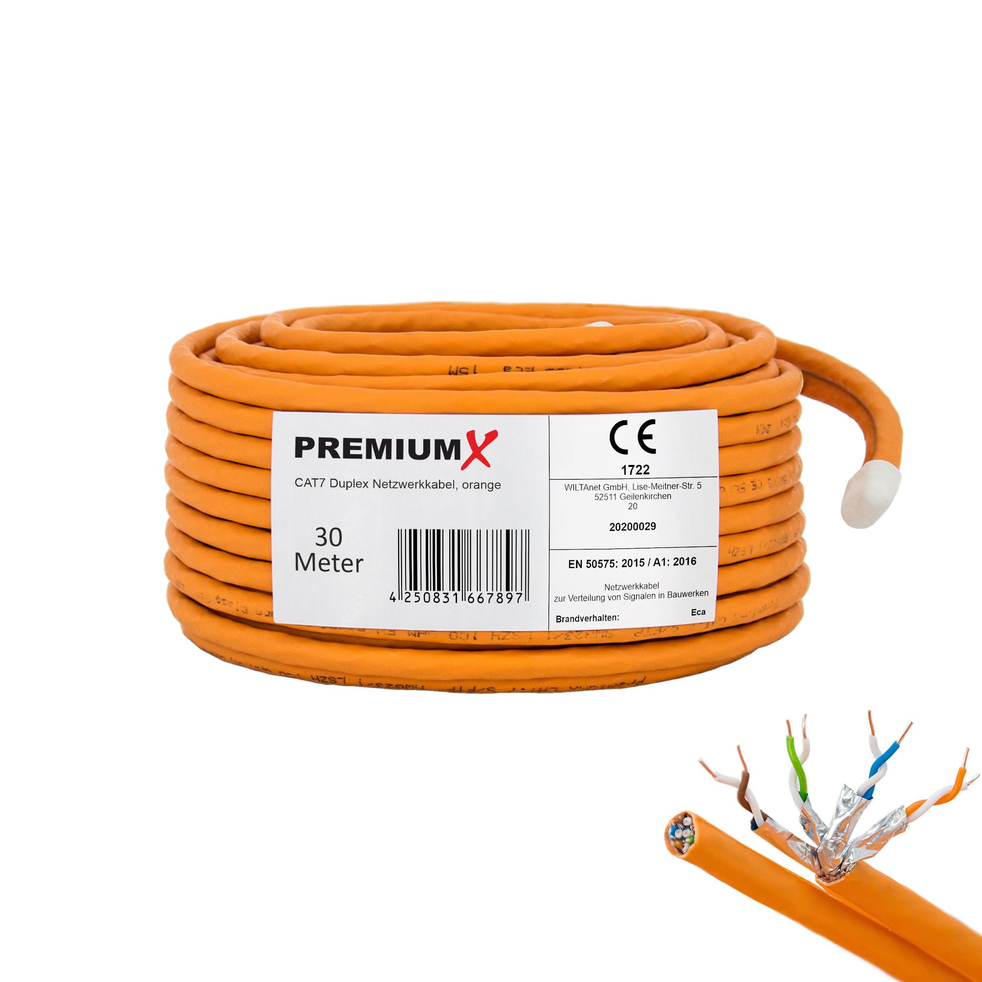 Premium X Câble réseau CAT 7 30 m - Câble LAN duplex - Câble en cuivre - Câble de données Ethernet S/FTP PiMF PoE Eca Kat7 - Câble d'installation pour une pose sans effort