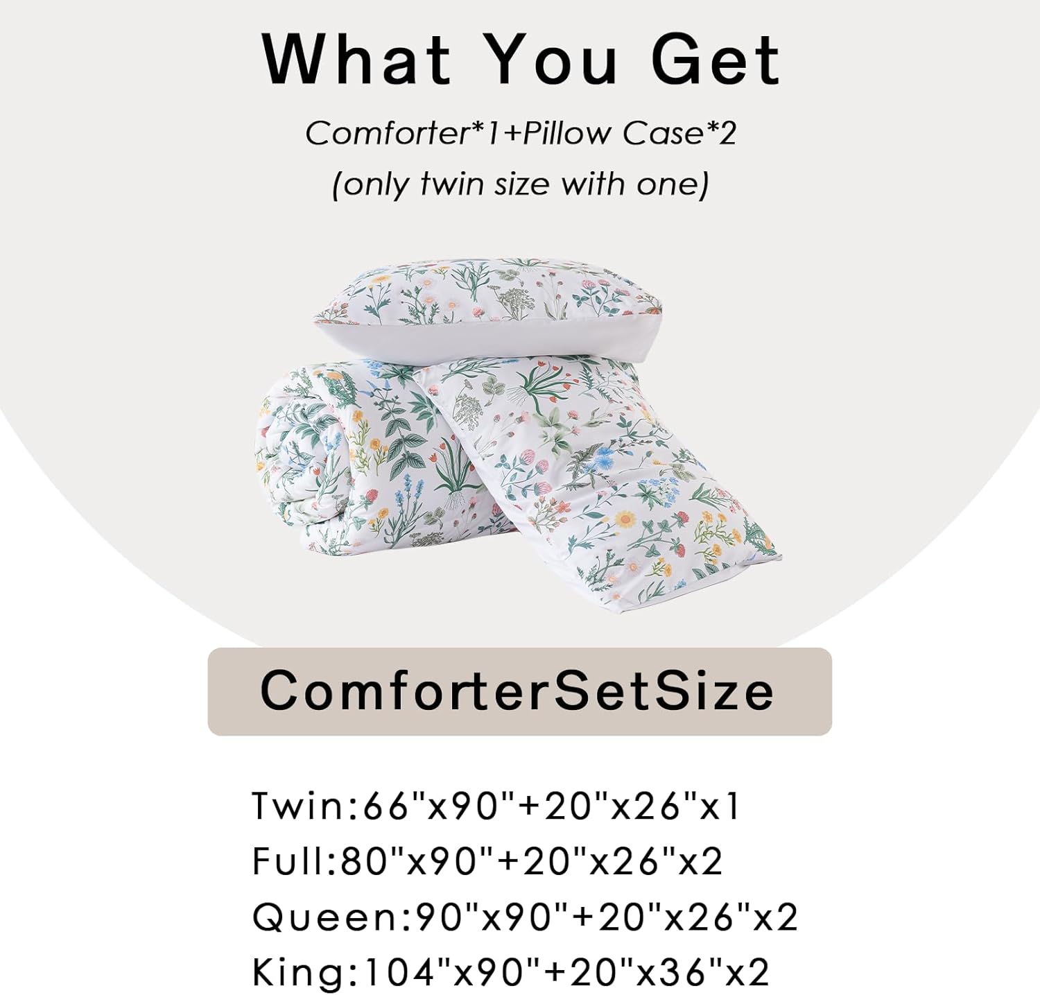 King Size Comforter Set, King Bedding Sets 3 Pieces for All Seasons, Bed in a Bag King Bedspread with Botanical Flowers Comforter, 2 Pillowcases