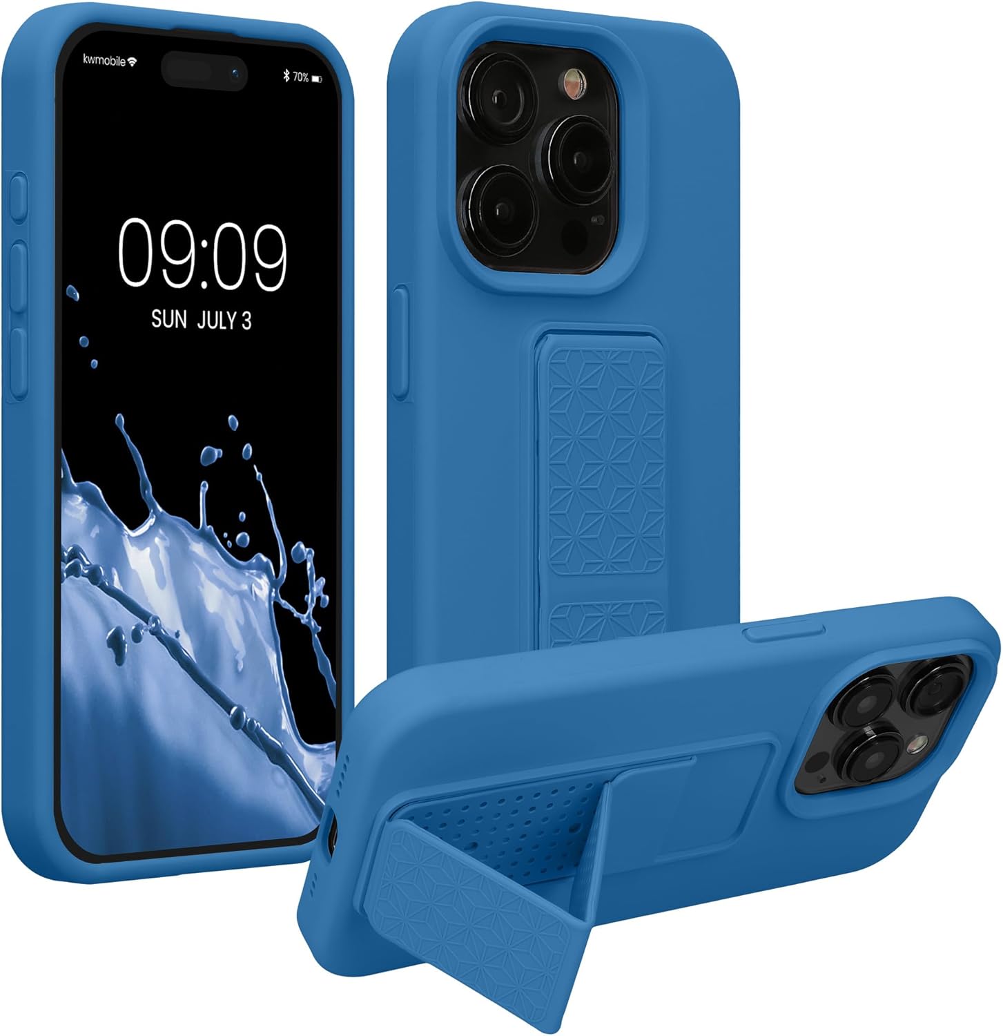 kwmobile Case Compatible with iPhone 15 Pro - Case with Hand Strap and Stand Soft TPU Silicone Coating - Caribbean Blue
