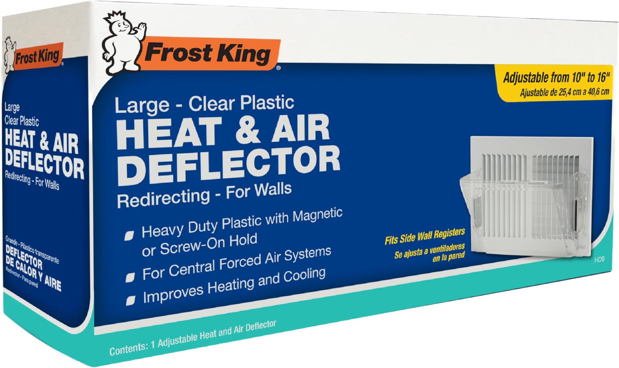 Frost King HD9 Heat and Air Deflector, Large, Heavy Duty, Clear Plastic with Magnetic hold or Screw-on hold for Central Forced Air Systems, Adjustable 10" to 16"