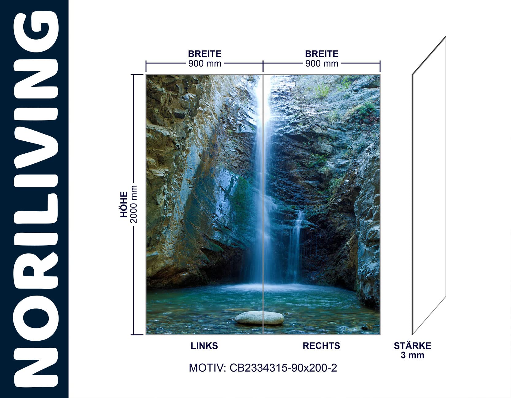 Duschrückwand Fliesenersatz Dusche 90x200 cm Motiv Wasserfall Chantara | Duschwand ohne Bohren 2 teilig | Wandverkleidung Bad Aluverbundplatte 3 mm