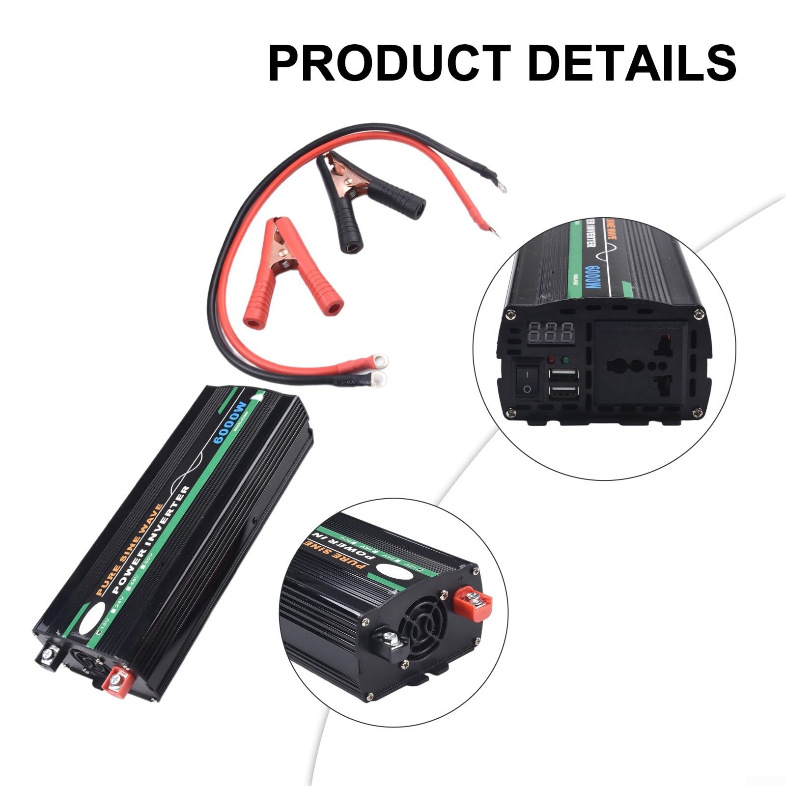 Inversor de corriente de onda sinusoidal pura de 6000 W, con indicador LED para panel solar, hogar, actividades al aire libre (60 V a 220 V)