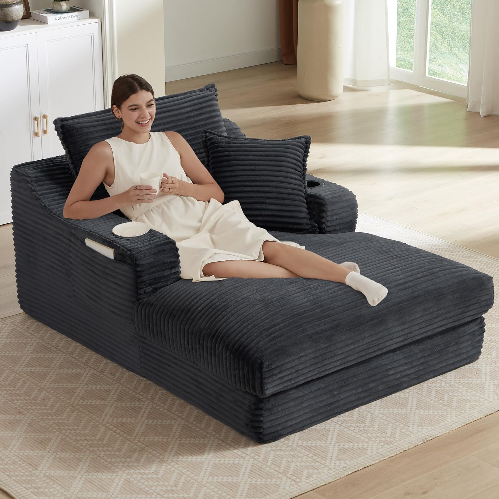 Oversized Chaise Lounge Chair Indoor, Boneless Chaise Lounges with Cup Holders & 3 Pillows, Modern Corduroy Sleeper Sofa Cloud Couch Chair with Wide Arms, No Assembly Required (Dark Grey, 48")