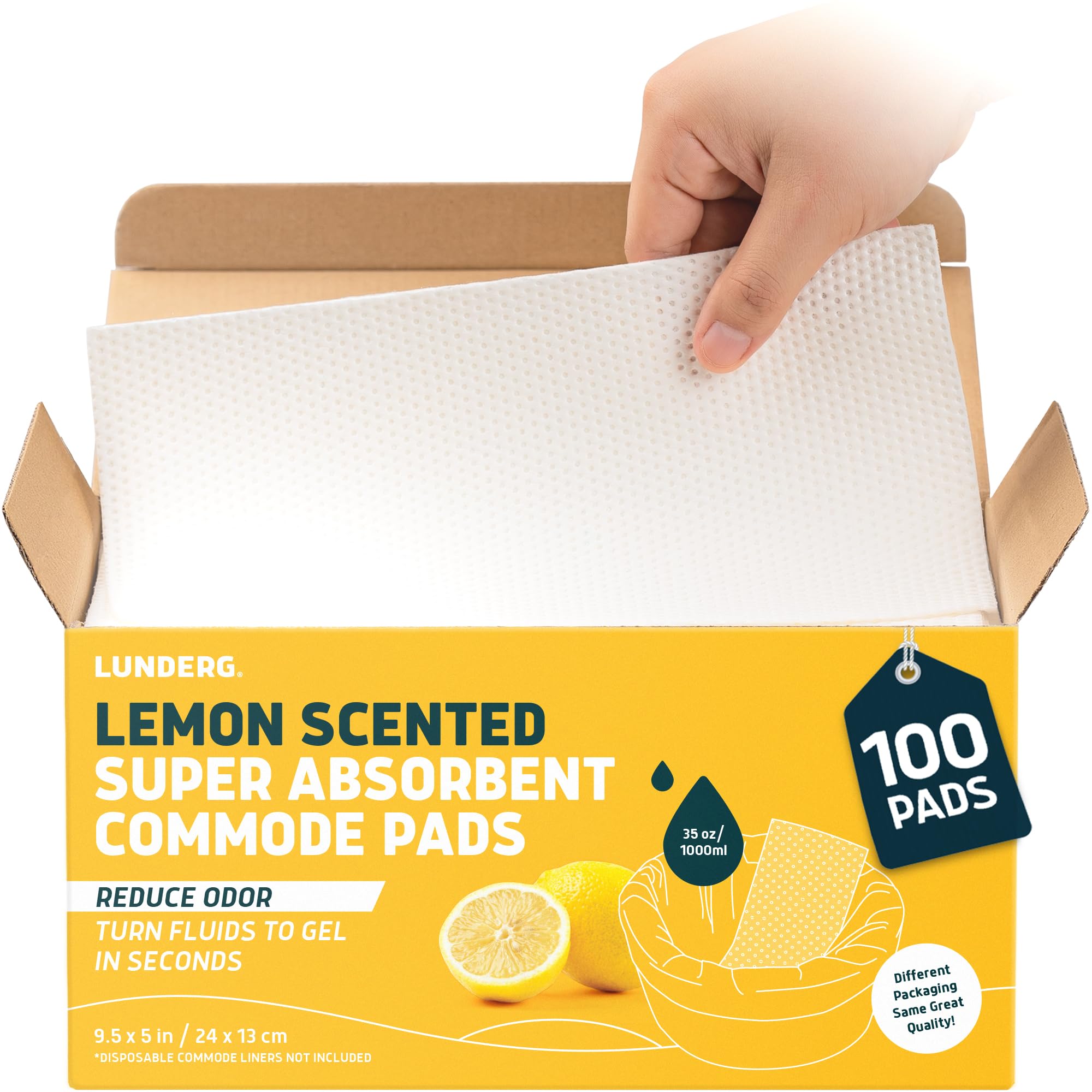 lunderg lemon scented super absorbent commode pads - medical grade value pack 100 count - for disposable bedside commode liners, adult chairs, portable buckets & camping toilet bags - light scent