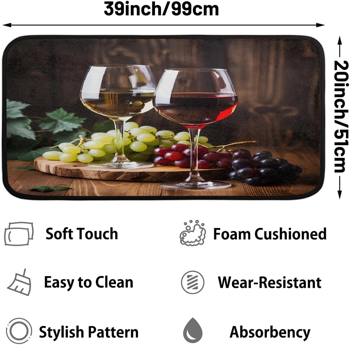 Wine Glasses Grapes Pattern Kitchen Rug Mats Anti Fatigue, Non Slip Doormat Comfort Standing Mat for Indoor Entryway Bedroom Garage Floor 39"x 20"