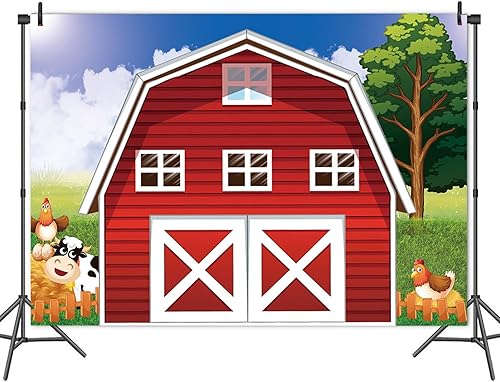 Miniatura 4 de Telón de fondo de fotografía de granja de dibujos animados de 7 x 5 pies, animales rojos, rústico, granero rojo, fondo para fotos de granero rojo