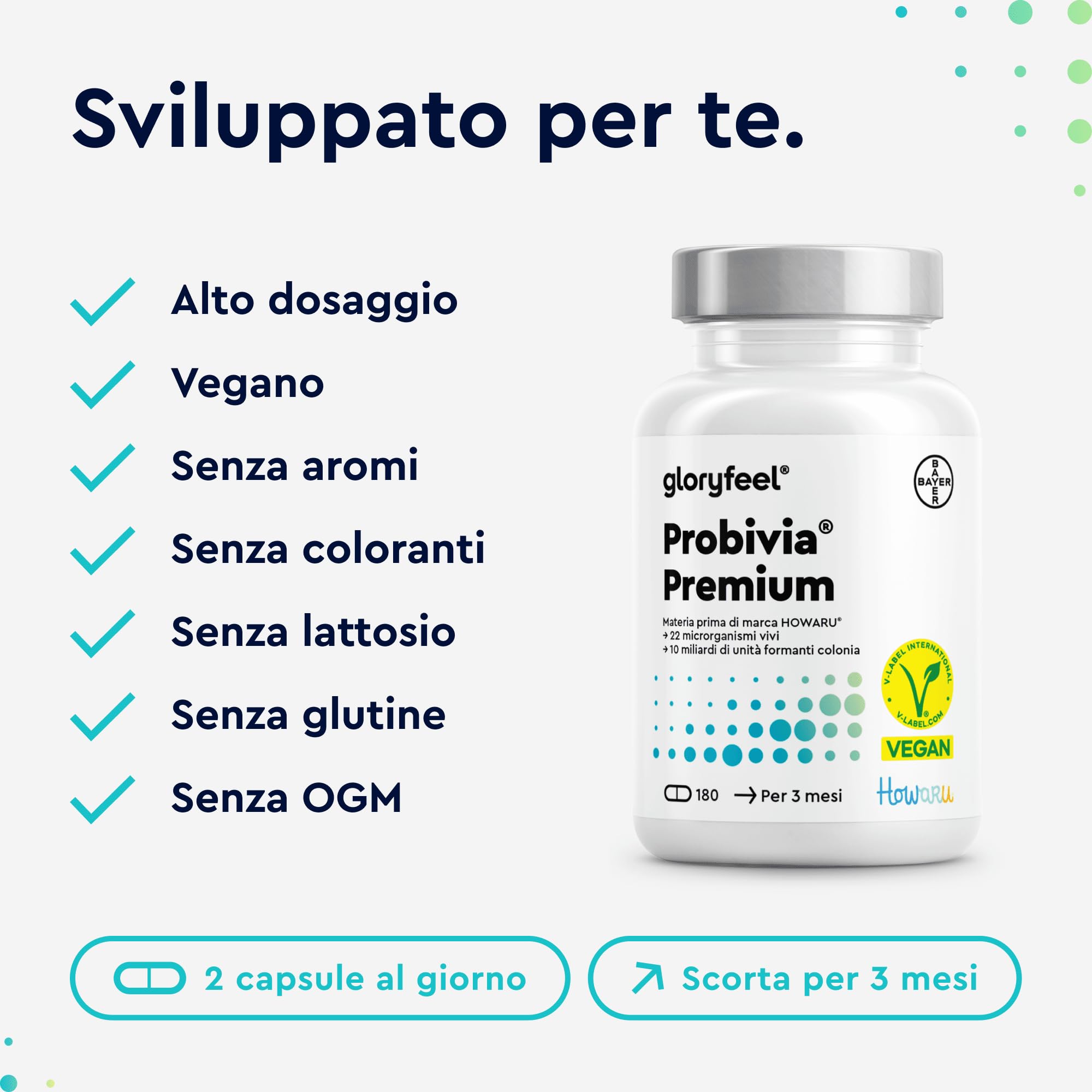 Fermenti Lattici Probiotici Premium HOWARU®, per Intestino, 180 Capsule, 22 Ceppi Batterici, con Inulina, 10 miliardi di CFU Lactobacillus e Bifidobacterium per la Flora Intestinale