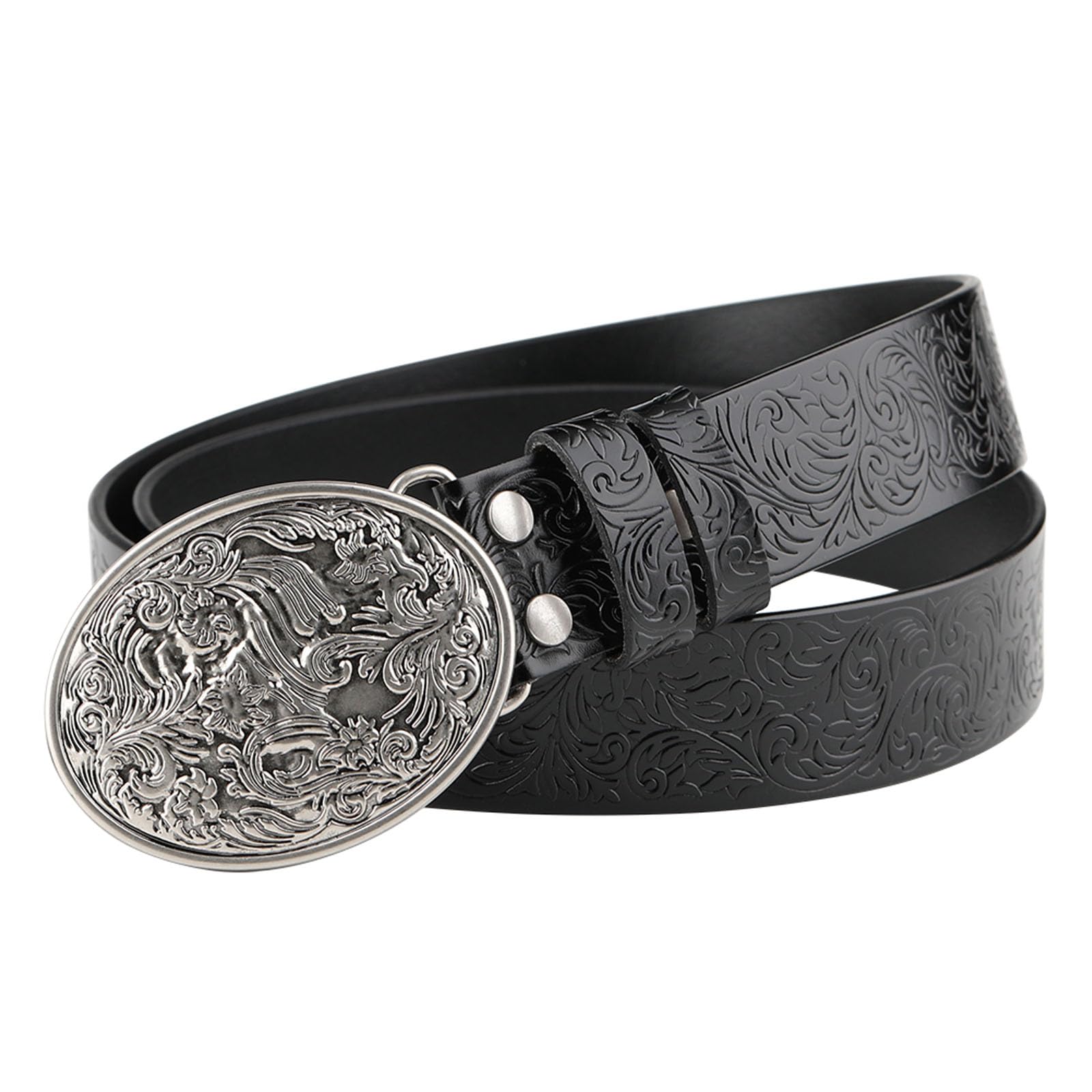 Bohemian distressed embossed with ☮️✌️silver-tone buckle leather belt RGWYGCG Belt Men, Leather Buckle Belts Silver Pattern Buckle  main image 4