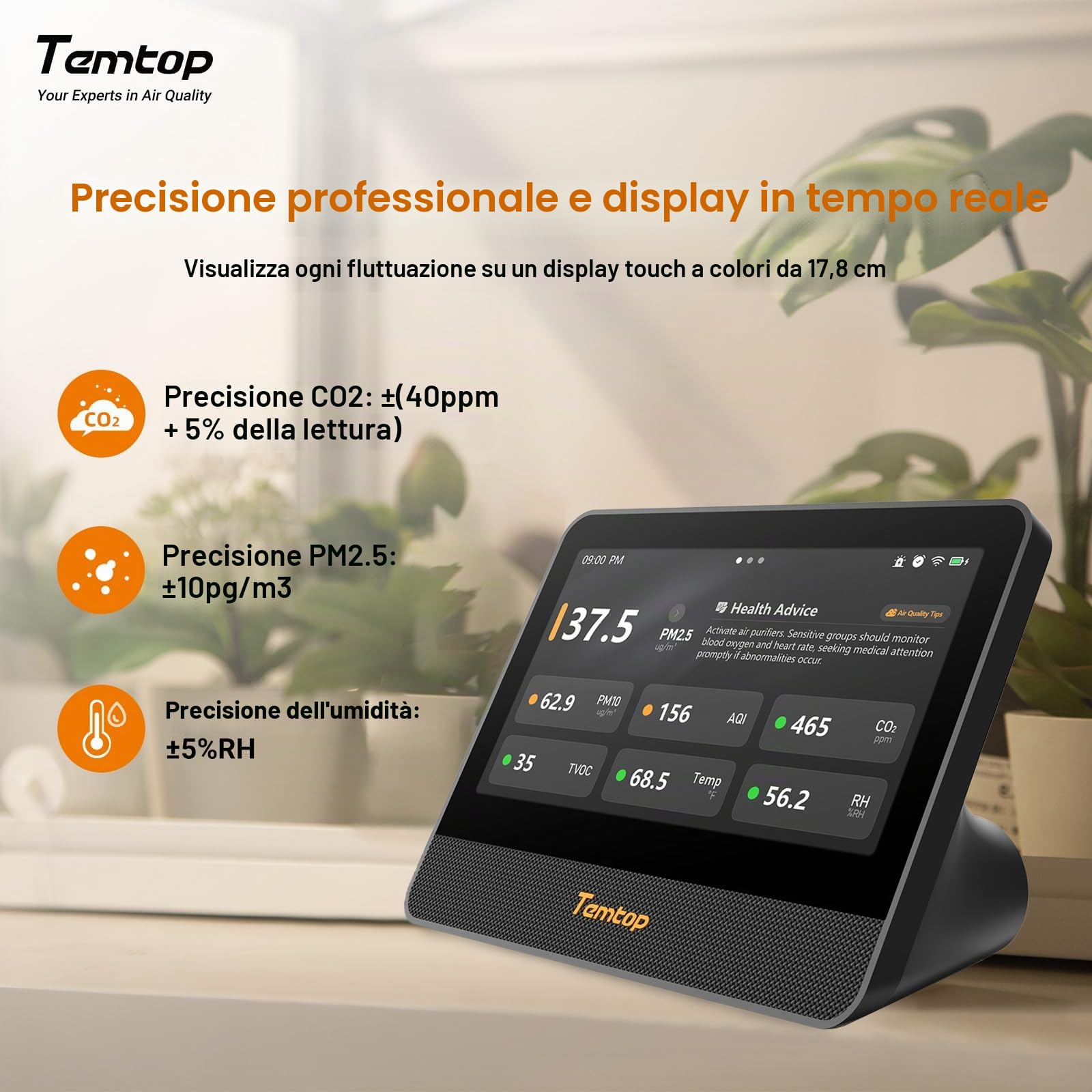 Temtop Monitor della Qualità dell'Aria WiFi, Touch Screen 7 Pollici, Rilevatore CO2 e Test di PM2.5/PM10/TVOC/Temperatura/Umidità per Interni M100 2nd