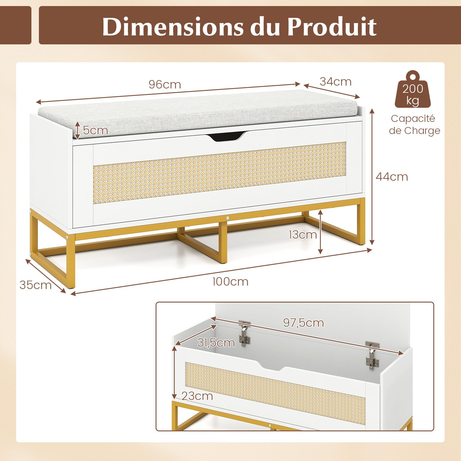 COSTWAY Banc de Rangement en Rotin 100 cm, Banc Chaussures Entrée, Coussin Rembourrée, Couvercle Abattant, Banquette Coffre pour Entrée Salon Chambre, Charge 200 kg, 100 x 35 x 44 cm (Blanc)