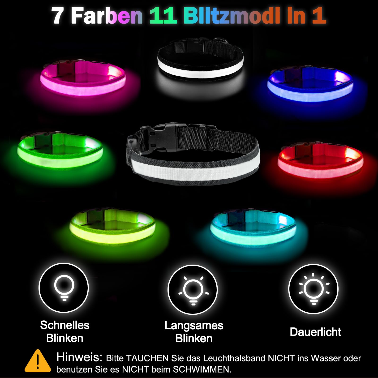 Nepfaivy Collare Luminoso per Cani Ricaricabile - Collare per Cani a Led con Lunghezza Regolabile, 7 Colori Cambiabili per la Sicurezza Notturna