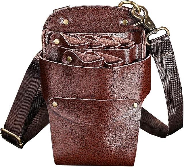 Hairdressing Belt Bag, aolaso Real Soft Leather Salon Barber Hairdressing Scissor Holster Pouch Adjustable Shoulder Strap, Haircut Hairdresser Tools Bag Belt for Combs, Shears, Clips(Coffee)