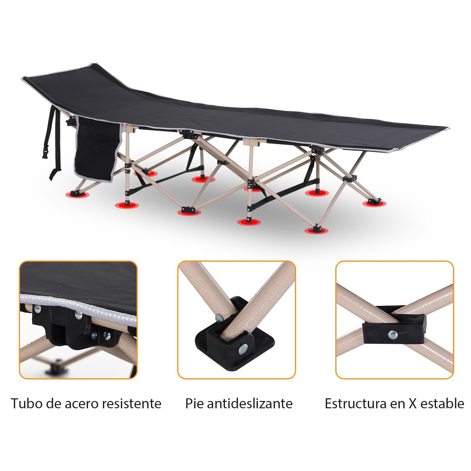 Outsunny Cama de Camping Plegable Cama de Acampada de Tela Oxford 600D con 1 Bolsillo Lateral Bolsa de Transporte y Marco de Acero Carga 150 kg para Playa Senderismo 190x68x52 cm Negro