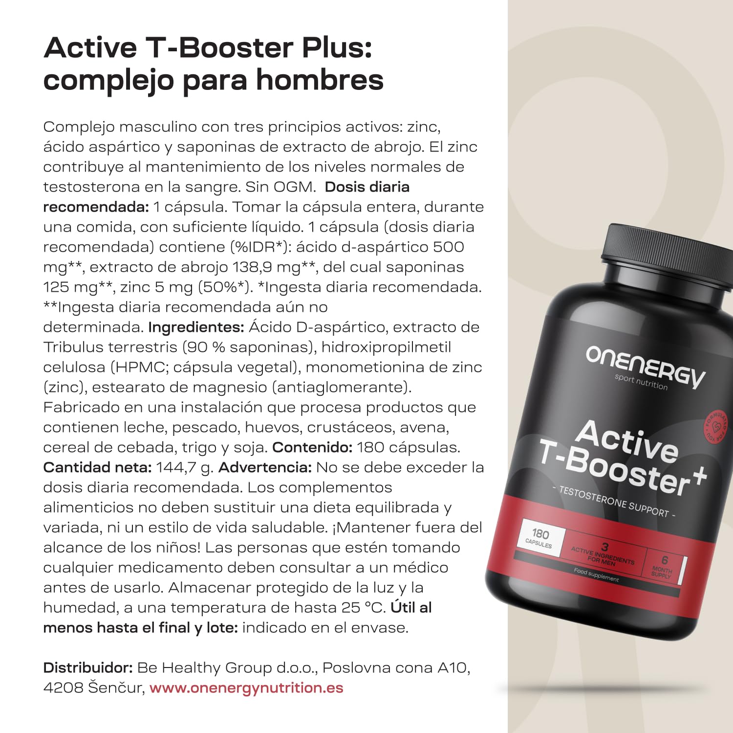 Active T-Booster Plus – Complejo para hombres – 180 cápsulas – Zinc, tribulus terrestris y ácido D-aspártico – Energía y fuerza – Suministro para 6 meses