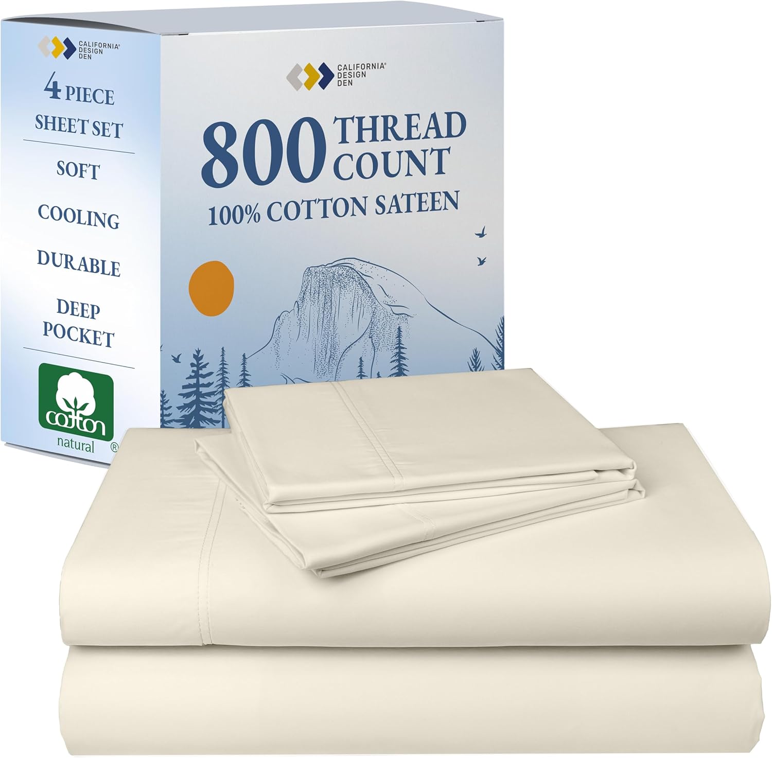 California Design Den Luxury King Bed Sheets - Buttery Soft 800 Thread Count Sateen, 100% Cotton Bed Sheets Set - Beats Fake Egyptian Claims, Deep Pockets, Durable Bedding Set - Ivory (Cream Tone)