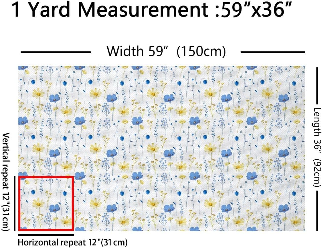 Erosebridal Watercolor Floral Fabric by The Yard Blue Yellow Upholstery Fabric Modern Minimalist White Waterproof Outdoor Fabrics Flower Branches Pastoral Decor for Quilting Sewing DIY Craft, 3 Yards