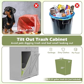 LOKO Tilt Out Trash Can Cabinet, Kitchen Island (Gray & Walnut)