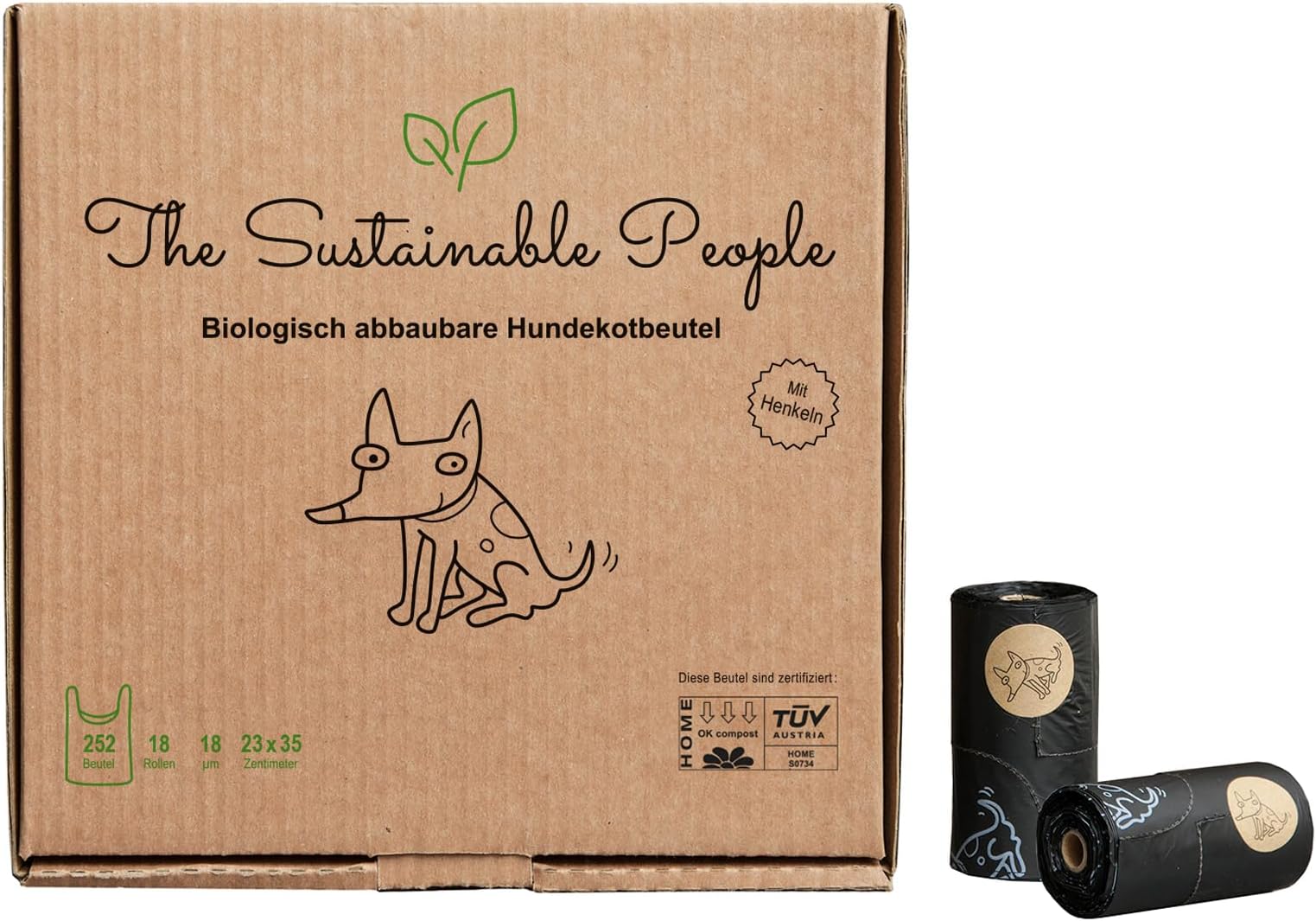 TSP Premium 100% Compostable Poop Bags with handles - Starch Based - Biodegradable, compliant with OK compost HOME and EN13432 (no OXO, free from d2w, epi, PE) - (9x13,8 Inches) (18 Rolls (252 bags))