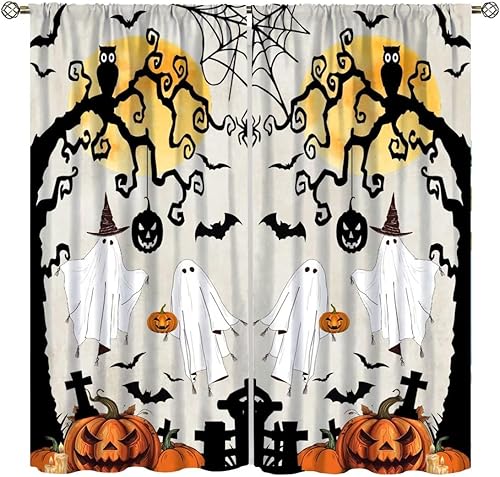 Miniatura 9 de Cortinas de Halloween de terror, caricatura, gato, calabaza, murciélago, castillo, patrón de Halloween, cortinas impresas para decoración del hogar,