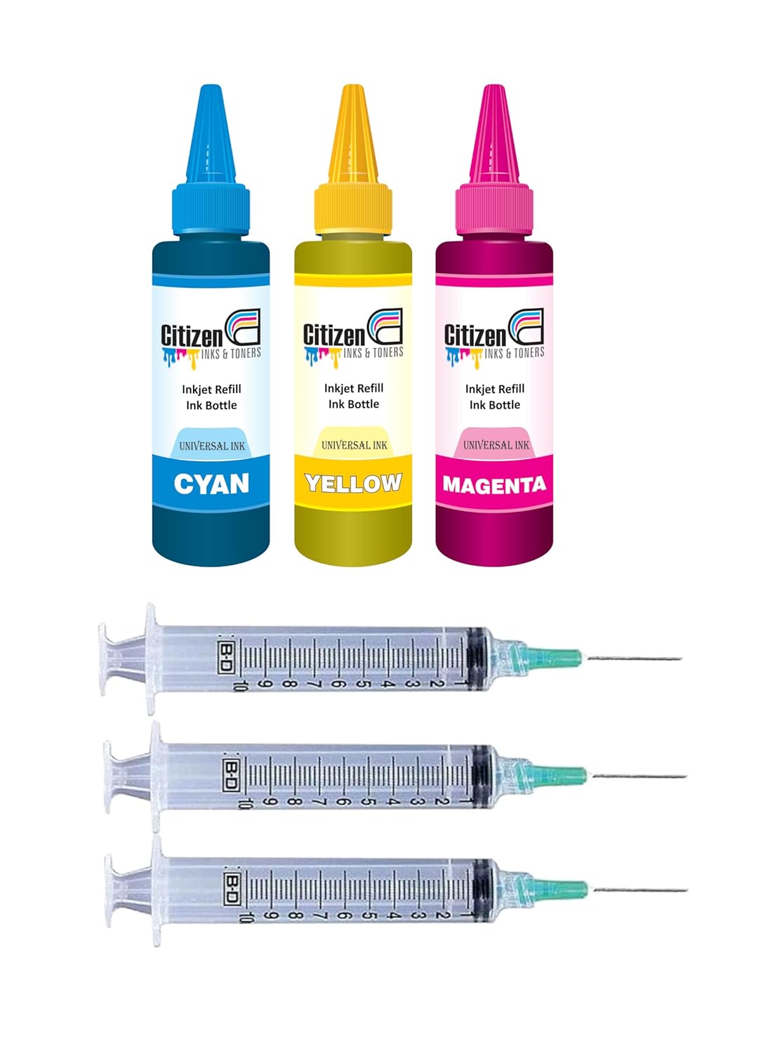 Inkjet Refill Ink for use All Inkjet, Deskjet, Officejet Printers and Cartridges Compatible for HP Priner Cartridges & Canon Printer Cartridges + Syringe – 100ml Per Bottle (3 Color Ink 3 Syringe)