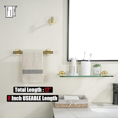 Miniatura 3 de JQK Barra de Toallas de Baño, Oro Cepillado de 12 Pulgadas de Acero Inoxidable 304 Grueso de 0.8mm, Soporte de Toallas Montado en la Pared, Longitud