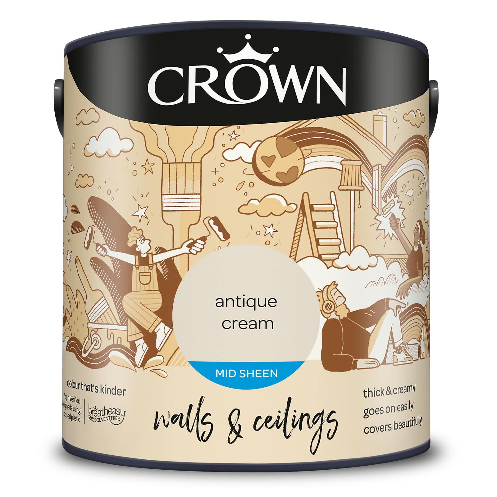 Crown Walls & Ceilings Antique Cream Mid Sheen Emulsion Paint 2.5L