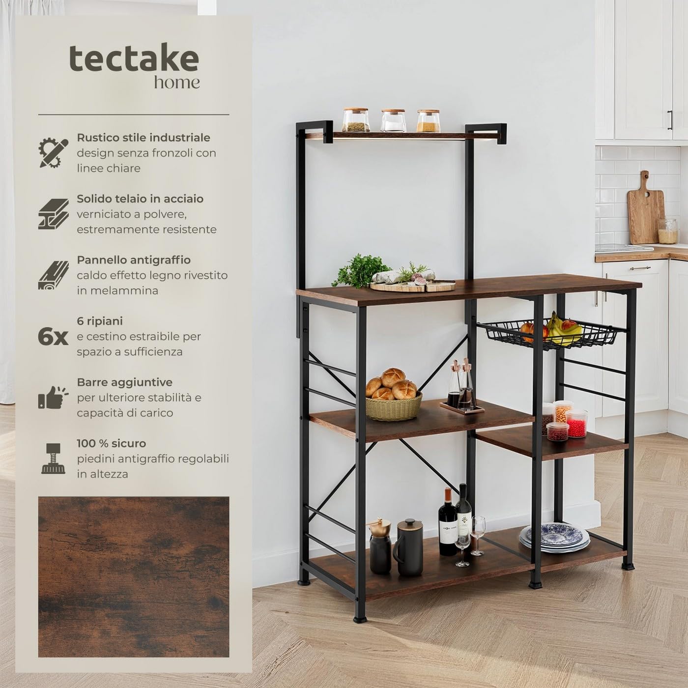 tectake® Scaffale Cucina 90x40x131,5cm, Organizer Cucina 6 Ripiani, Scaffale Portaoggetti, Ripiano d'Appoggio per Microonde e Piatti, Mobiletto Salvaspazio, Arredamento Casa - Legno Industriale Scuro