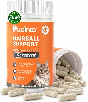 PUAINTA Cat Hairball Control Alternative to Hairball Gel & Paste,90 Count | Hairball Remedy for Cats, No Mineral Oil, Easy Capsule Supplement for Hairball Relief, Reduce Shedding, Skin & Coat