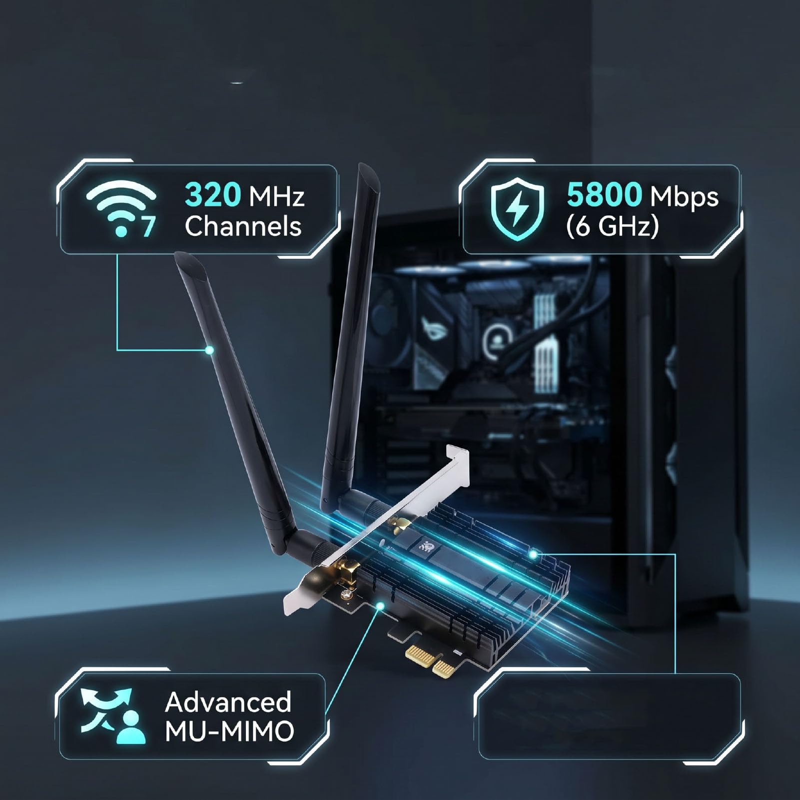 XUMIUZIY Tarjeta WiFi 7 PCIe WiFi Compatible con BE200 NGW, Bluetooth 5.4 6G 5G 2.4G 3 Bandas 5800Mbps M.2 NGFF Tarjeta de Red de Escritorio con Antenas Duales