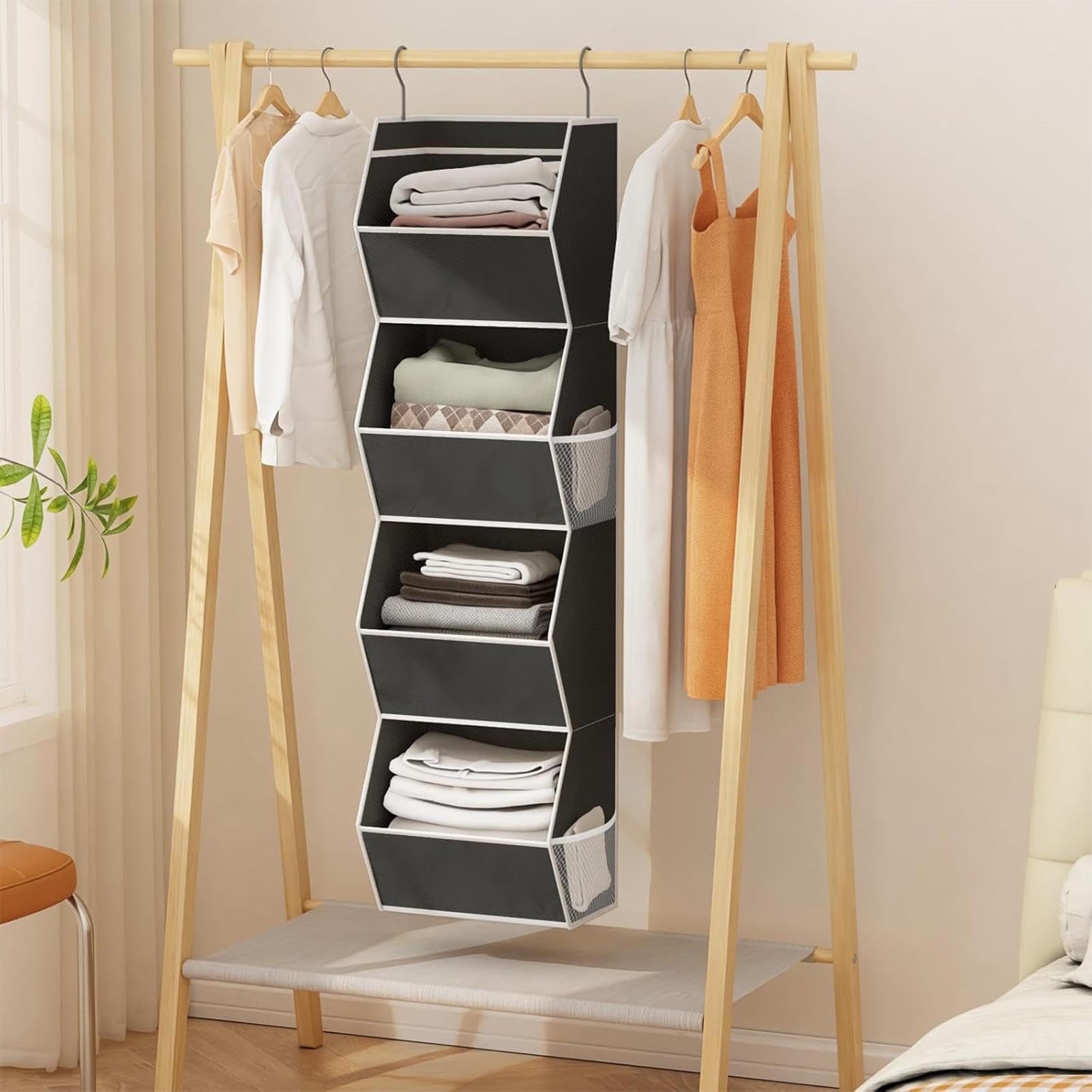 Organizador de armario Estante Plegable de 4 Niveles que Ahorra Espacio | Organizador de ropa y almacenaje para armario para Ropa, Zapatos, Bolsos, Toallas, Gorros y Telas, en Hogar y Dormitorio