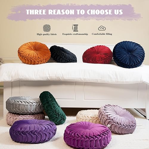 Miniatura 6 de Gowkou Almohada redonda de 15.7 pulgadas, suave y redonda, hecha a mano, plisada, cojín redondo para sofá, almohada decorativa de terciopelo para