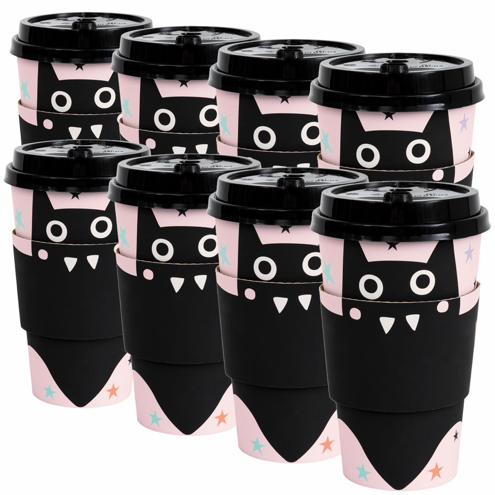 Unique Black Bat Pastel Hauntings Paper Coffee Cups with Lids Sleeves 16 oz 8 Count - Disposable Drinkware
