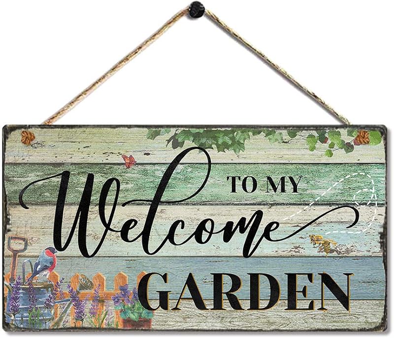 Letrero retro vintage de madera para jardín – Bienvenido a mi jardín – Decoración decorativa de pared para el hogar con flores al aire libre – Precioso accesorio con cita motivacional de 11.5 x 6 pulgadas