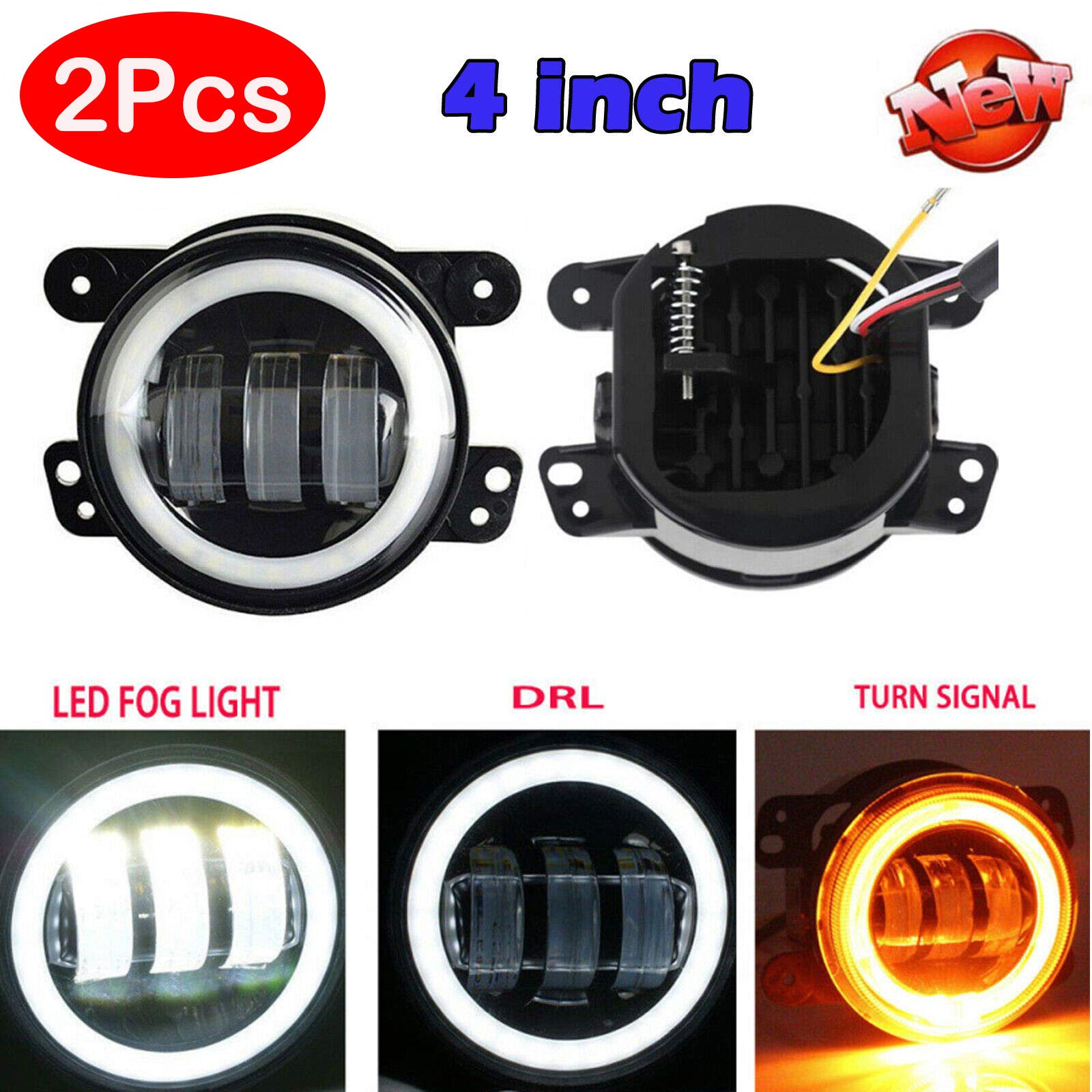 Feidake4’’ LED Fog Light 36W with White Halo Ring Angel Eyes & Amber Turning Light LED Fog Lamps Offroad Driving Light Super Bright Front Bumper Replacements for Jeep Wrangler JK Dodge Chrysler