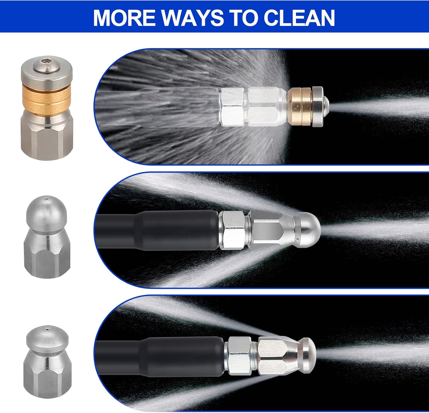 100FT Sewer Jetter Kit for Pressure Washer, 5800 PSI Drain Jetter Kit, Water Jet Drain Cleaner 1/4 Inch NPT Corner, Jetter Hose with Rotating Button Sewer Jetting Nozzle, Tape Pearl Corsage Pin Strap - Image 5