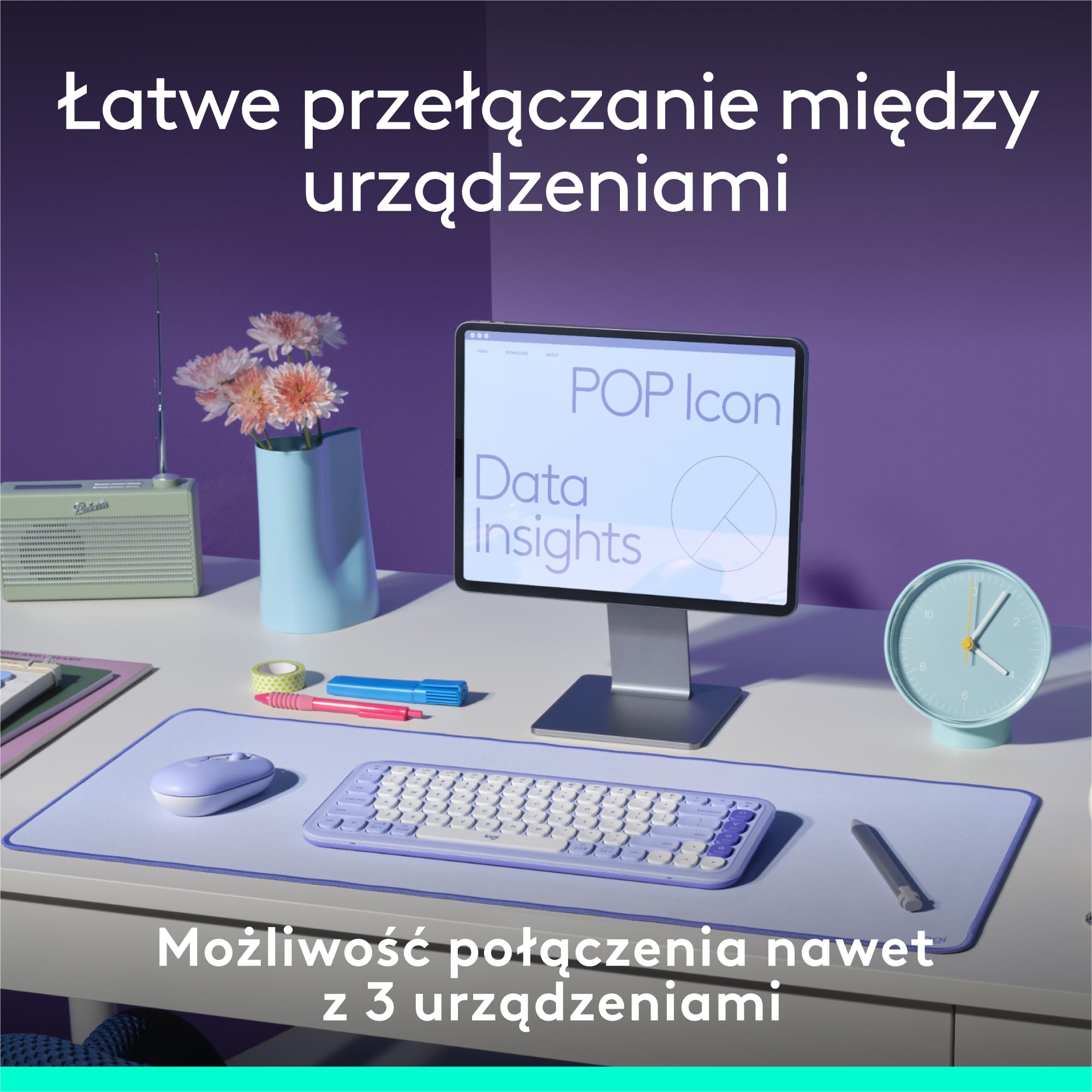 Logitech POP ICON KEYS, bezprzewodowa klawiatury Bluetooth, programowalne klawisze, funkcja Easy-Switch, do laptopa, tabletu, komputera PC, QWERTY układ US international - Liliowy