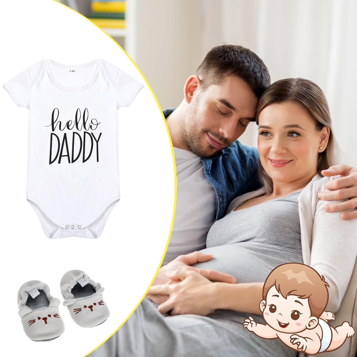 Jiuguva Surprise Pregnancy Announcements for Dad and Husband Pregnancy Test Keepsake Box Wooden Announcement Box Hello Daddy Bodysuit Infant Shoes Reveal Card Envelope Gift Sets for Partner - Image 4